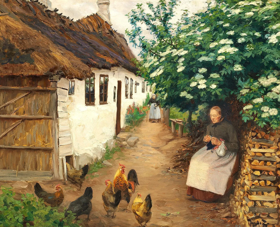 Bir kadın eski bir evin yakınında örüyor. - H. A. Brendekilde