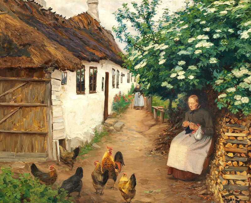 Bir kadın eski bir evin yakınında örüyor. - H. A. Brendekilde