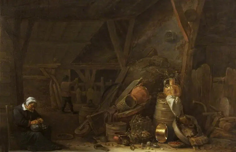 Bir ahır ve mutfak eşyaları ile uyuyan bir şefin natürmortu - David Teniers le Jeune