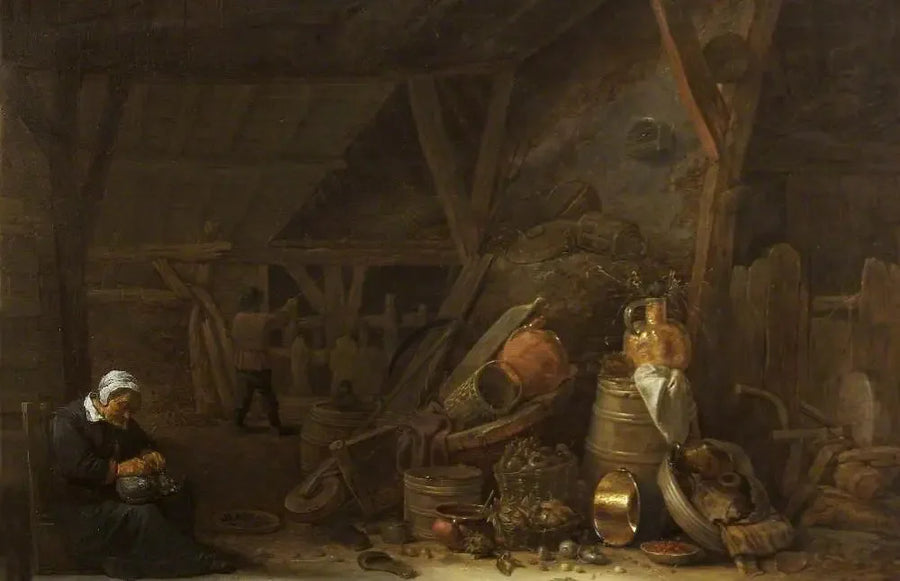 Bir ahır ve mutfak eşyaları ile uyuyan bir şefin natürmortu - David Teniers le Jeune