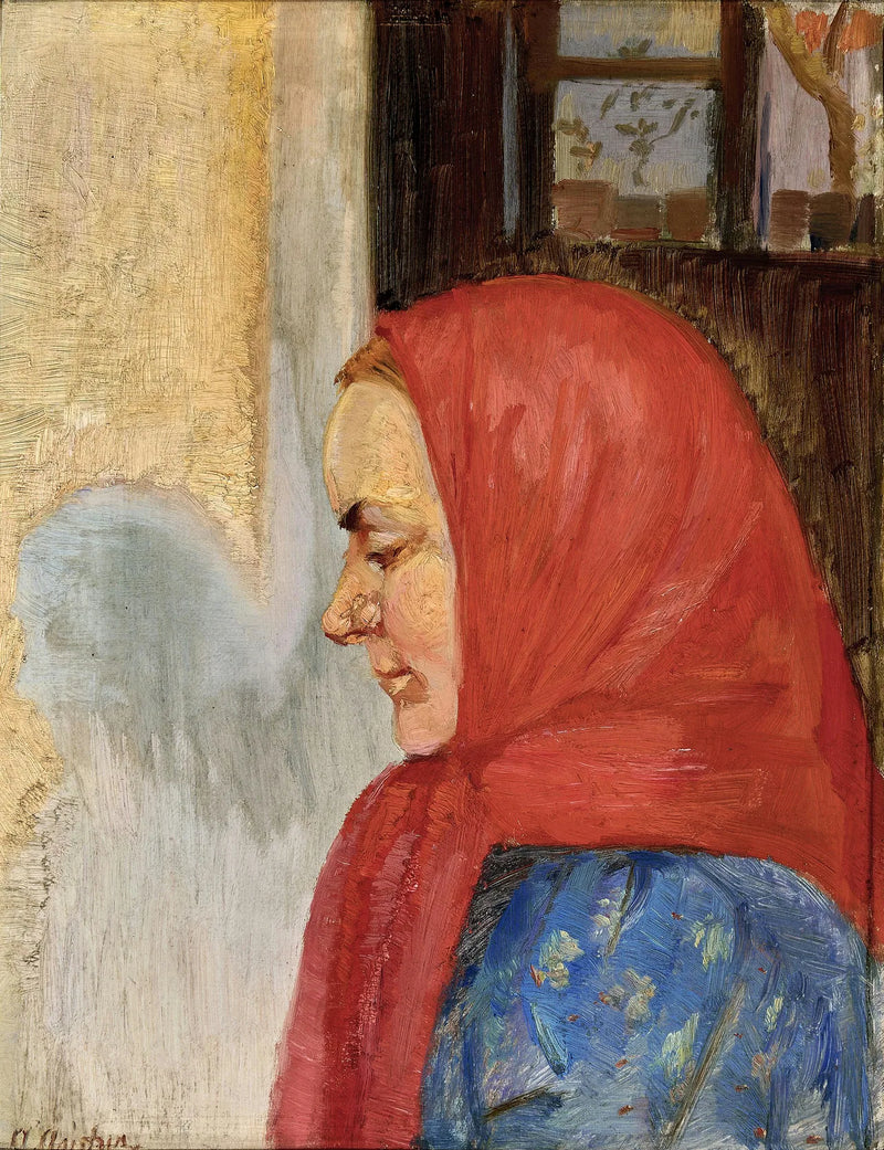 Kırmızı eşarp takmış genç bir kadın, profil görünümde, Skagen - Anna Ancher