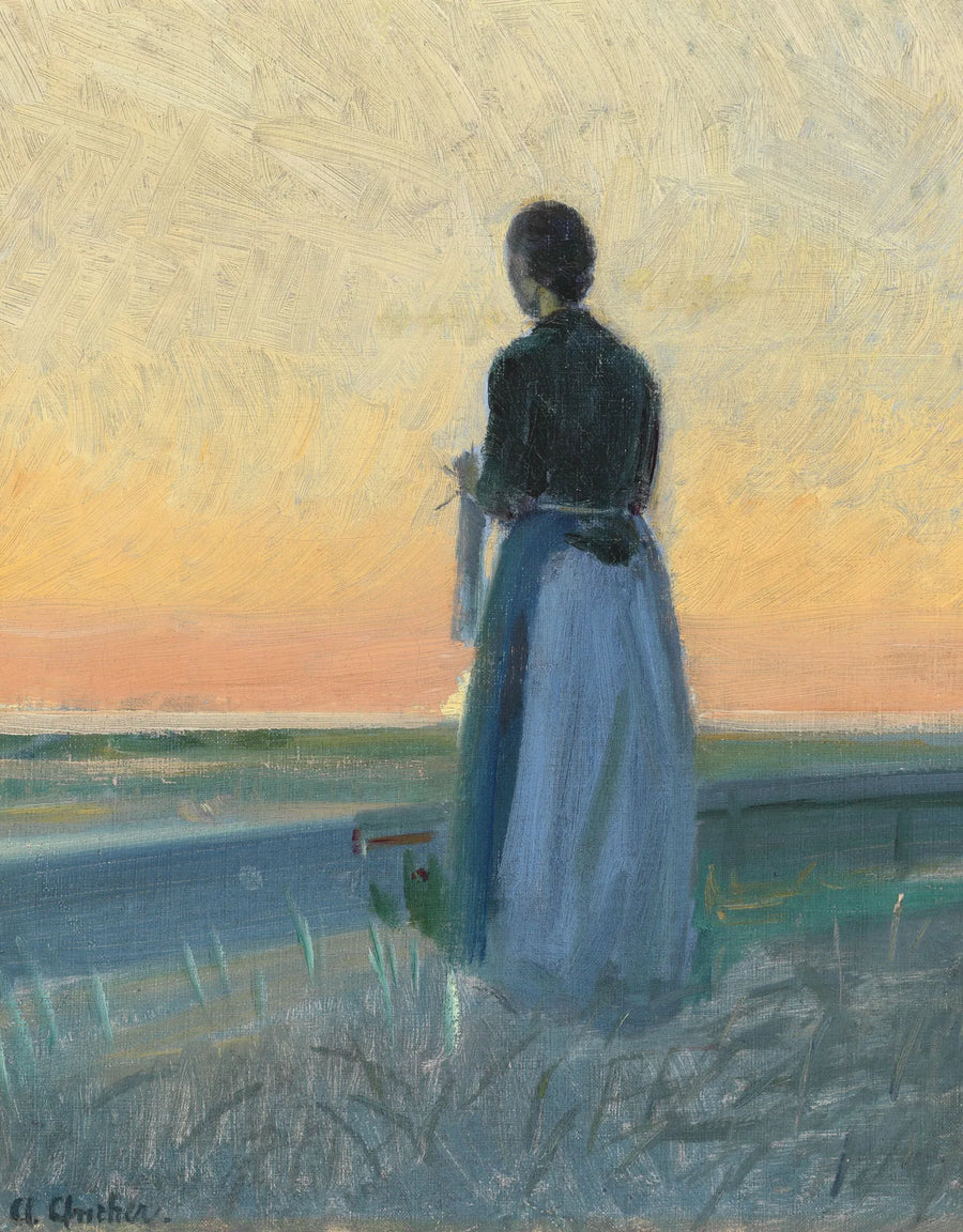 Gün batımında ayakta duran genç bir kadın örüyor - Anna Ancher
