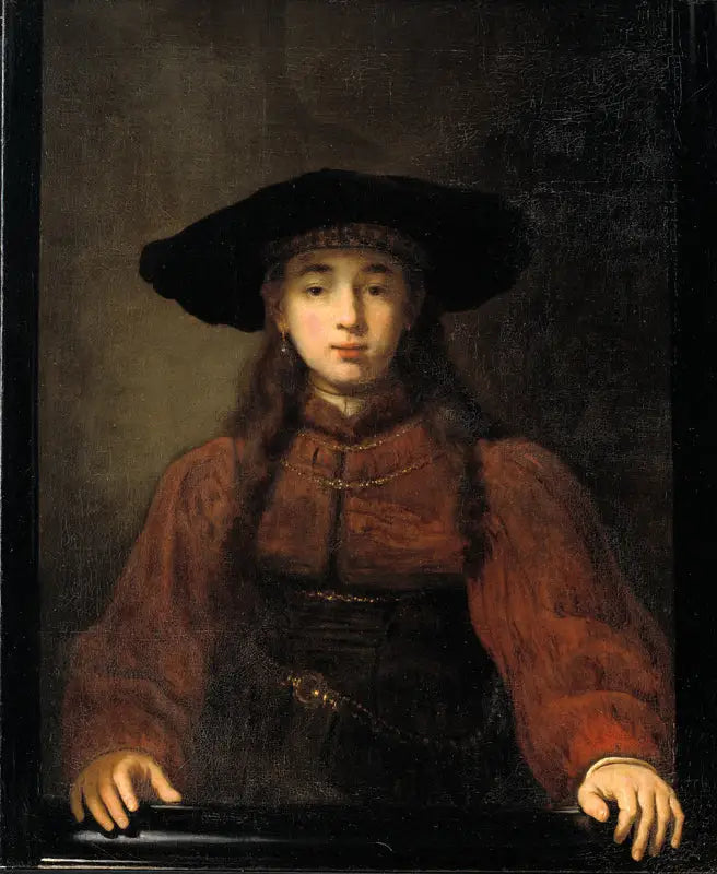 Bir genç kadın fotoğraf çerçevesinin üzerine ellerini koyuyor - Rembrandt