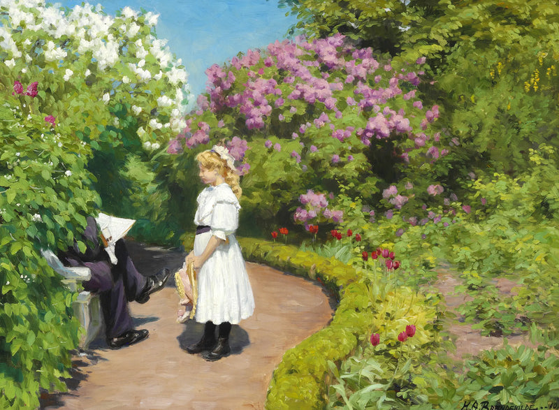 Saman şapka takmış genç kız, beyaz yazlık elbise giymiş - H. A. Brendekilde