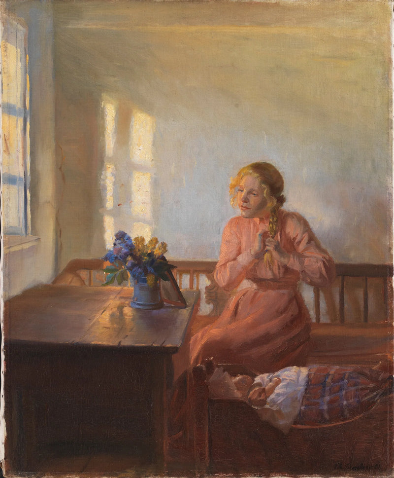 Genç bir kız saçlarını örüyor - Anna Ancher
