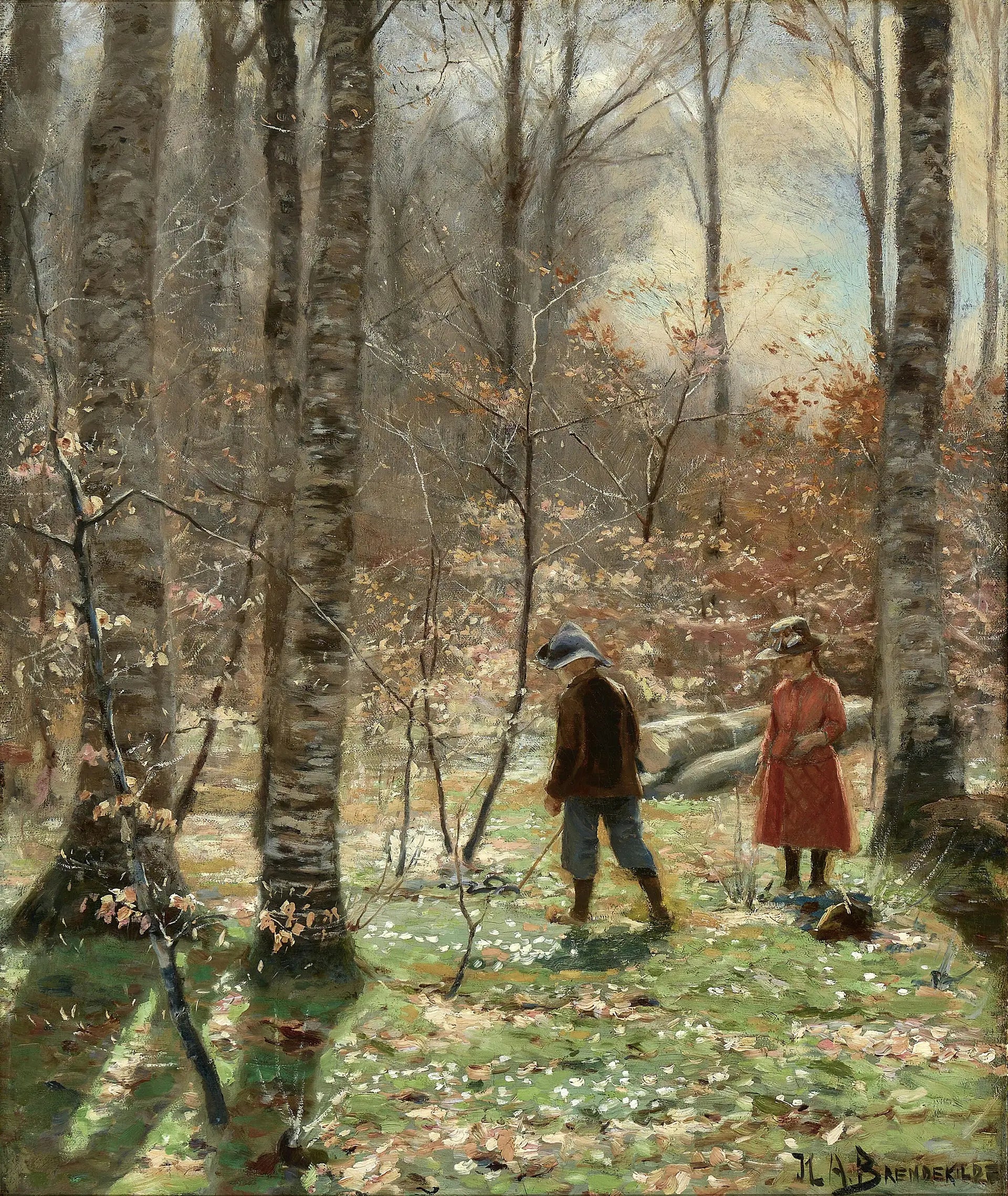 Une journée de printemps dans la forêt avec un garçon et une fille cueillant des anémones. - H. A. Brendekilde - Alpha