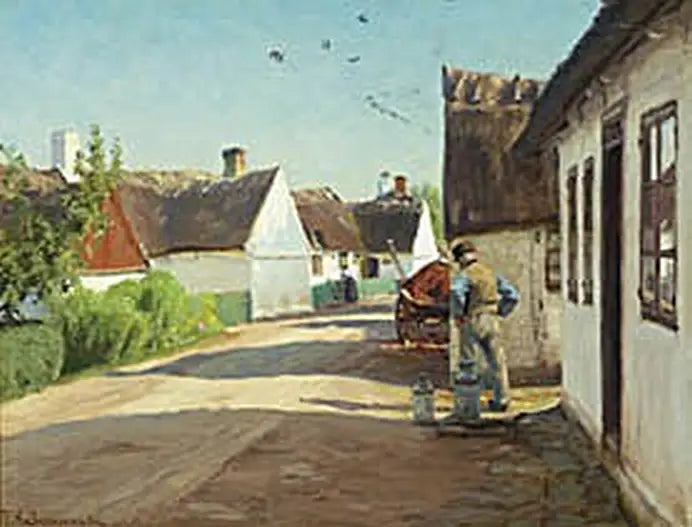 Bir köyde yaz günü, birkaç süt bidonunun yanında duran bir adam. - H. A. Brendekilde