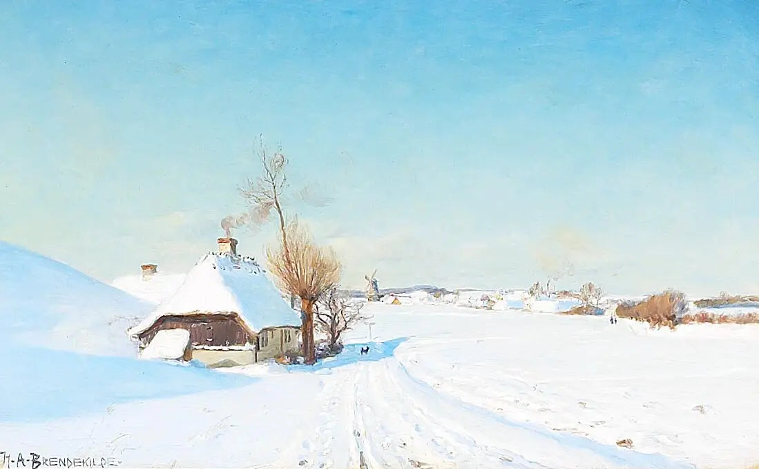 Une journée d’hiver ensoleillée avec des maisons un moulin et des personnages. - H. A. Brendekilde - Alpha Reproduction