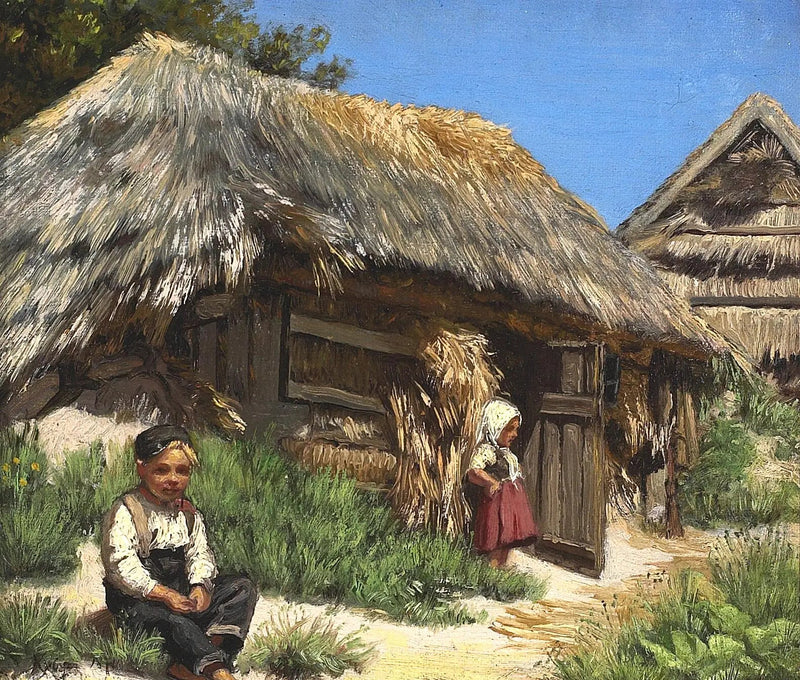 Saman çatılı bir ev. Mavi ve sıcak bir gökyüzü altında yaz günü. İki çocukla organize edilmiş. - Peder Severin Krøyer