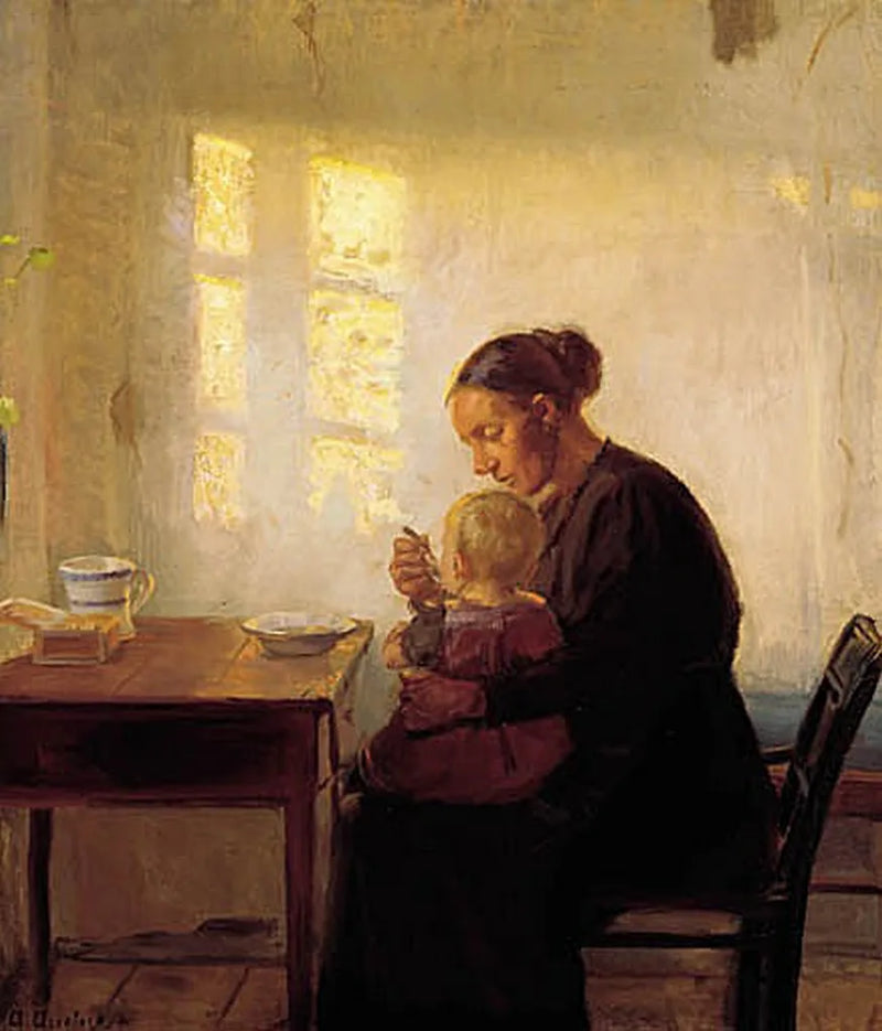Güneş ışığıyla dolu bir odada çocuğuyla birlikte bir anne - Anna Ancher