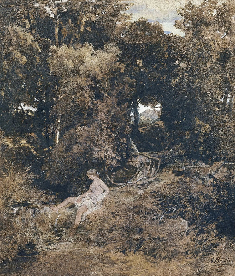 Bir peri ve çeşme (Pan, Bir periyi kovalamak) - Arnold Böcklin