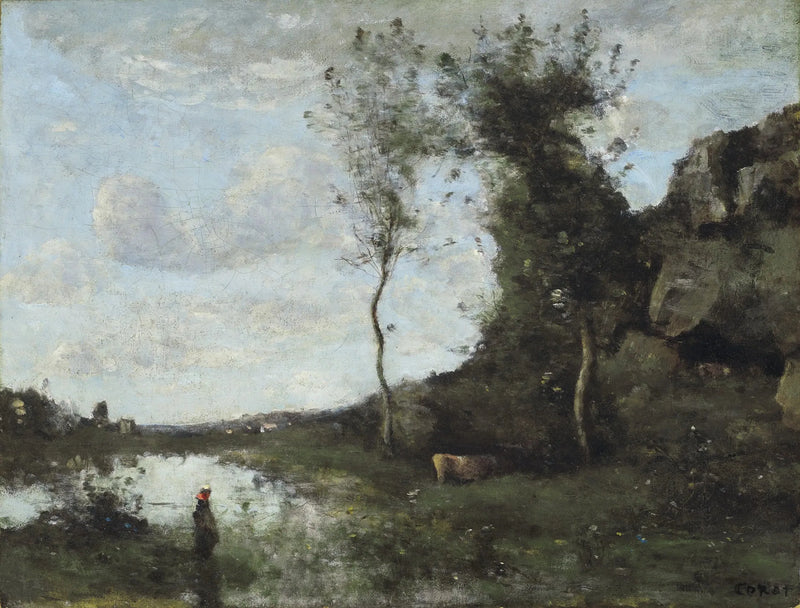 Bir köylü kadın ve ineği, köy manzarasında gölet kenarında - Jean-Baptiste Camille Corot