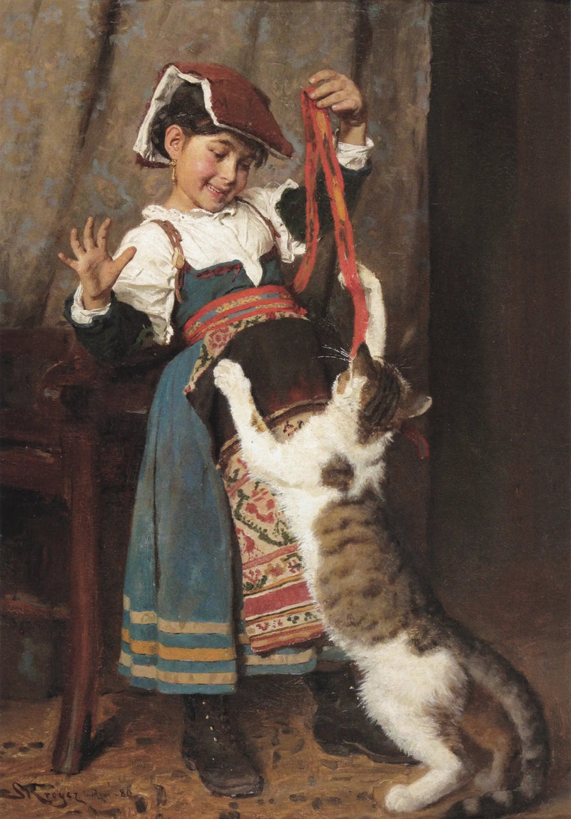 Bir köylü kız çocuğu, bir kediyle oynuyor. - Peder Severin Krøyer