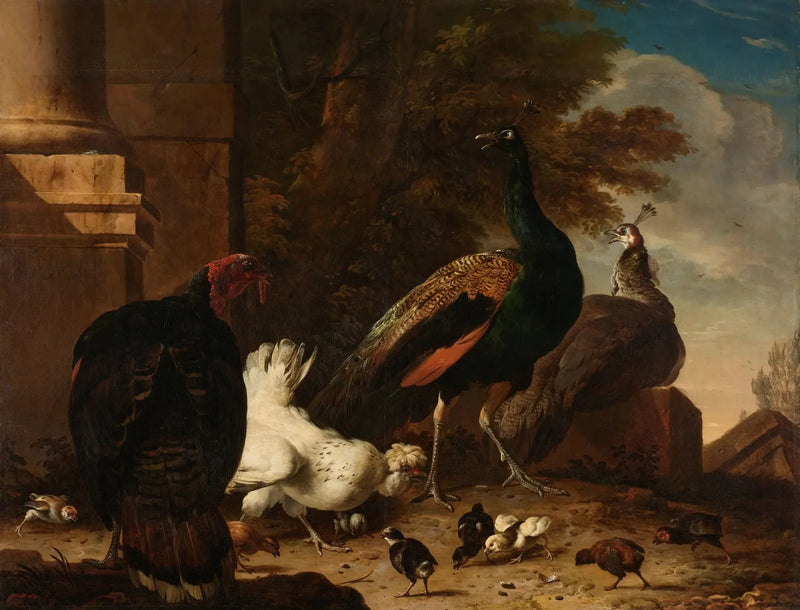 Bir tavuk, peacoklar ve bir hindi - Melchior de Hondecoeter