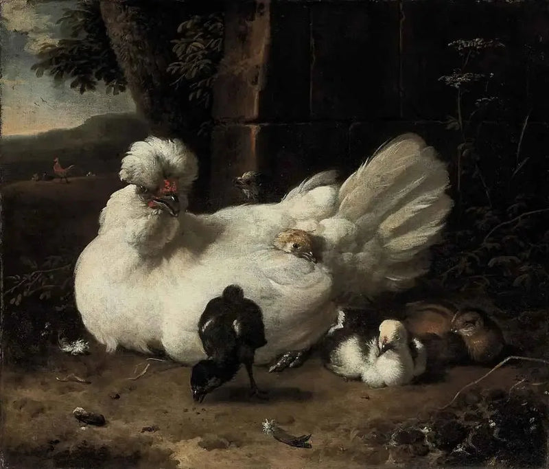 Bir tavuk ve civcivleriyle manzarada - Melchior de Hondecoeter