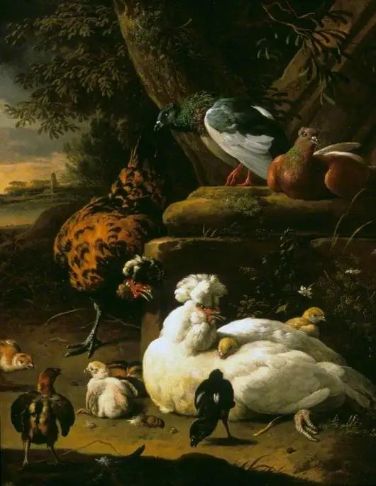 Bir tavuk ve civcivleri, bir horoz ve güvercinler, bir manzarada - Melchior de Hondecoeter