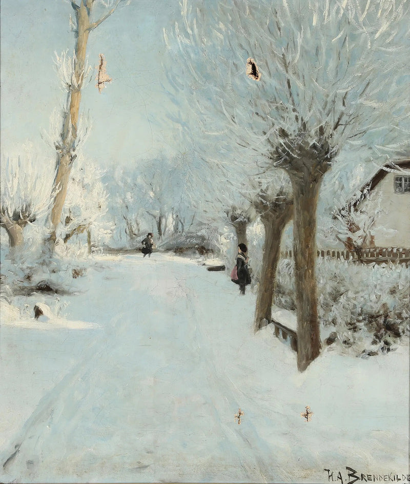Güneşli ve karla kaplı bir yol, iki çocukla - H. A. Brendekilde