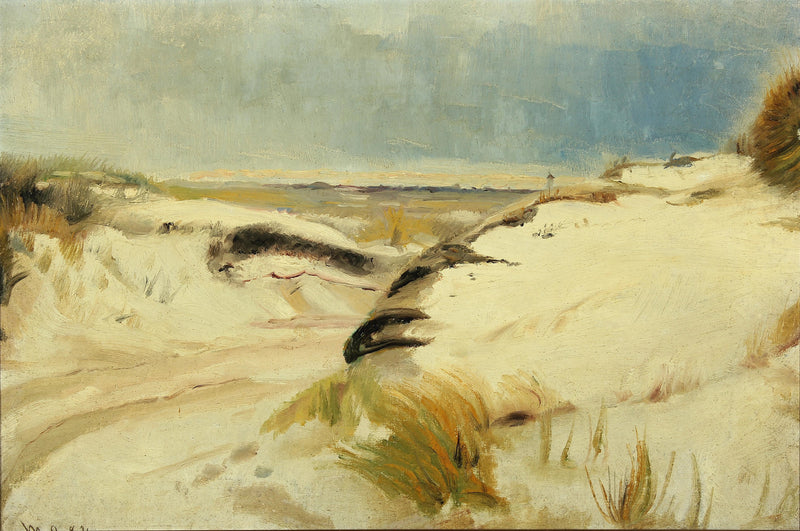Bir yol, kum tepelerinden geçerken ve uzakta bir deniz feneri. - Michael Peter Ancher