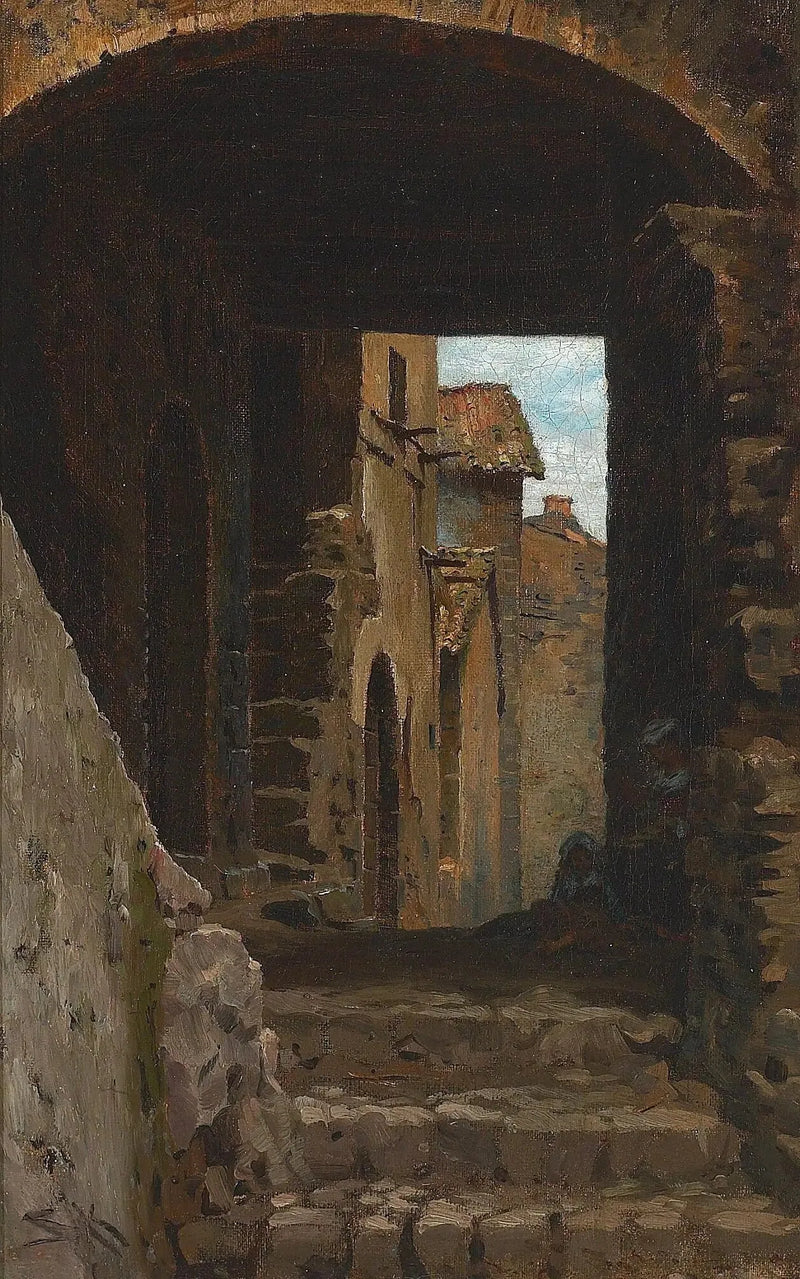 Torello, Ravello, İtalya'da bir kadın ve çocukla dar bir sokak. - Peder Severin Krøyer