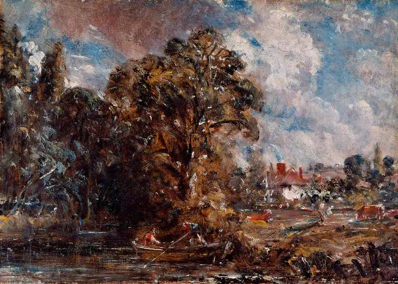Bir nehir sahnesi ve su kenarında bir çiftlik - John Constable