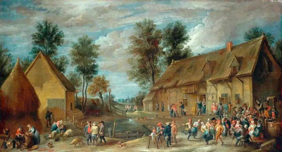 Bir köy sahnesi, bir hanın önünde eğlenen köylüler - David Teniers le Jeune