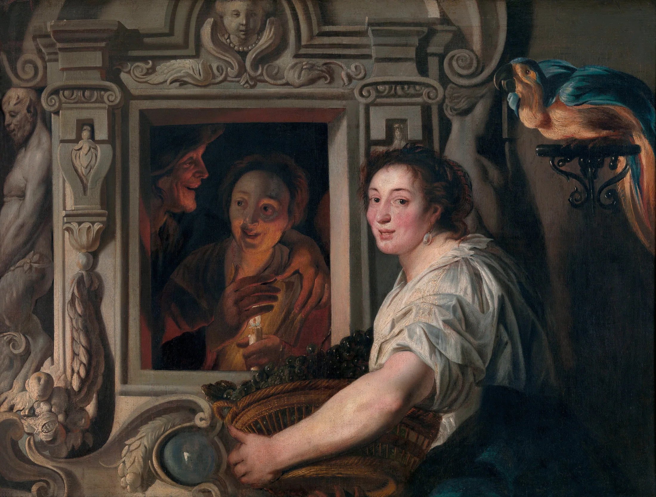 Une servante avec un panier de fruits et deux amoureux - Jacob Jordaens image 1 copie peinte à la main à l’huile