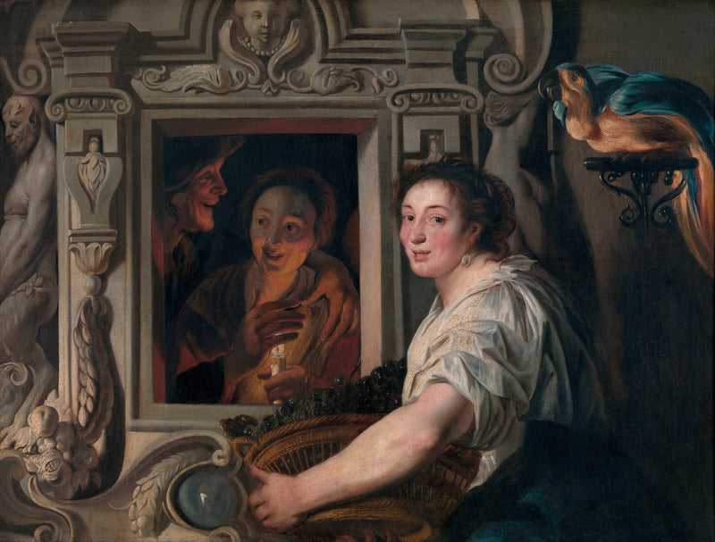 Une servante avec un panier de fruits et deux amoureux - Jacob Jordaens