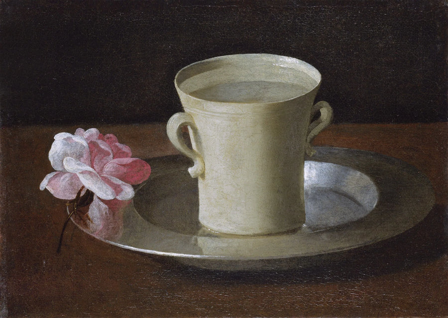 Bir fincan su ve bir gül, gümüş bir tepsi üzerinde - Francisco de Zurbarán