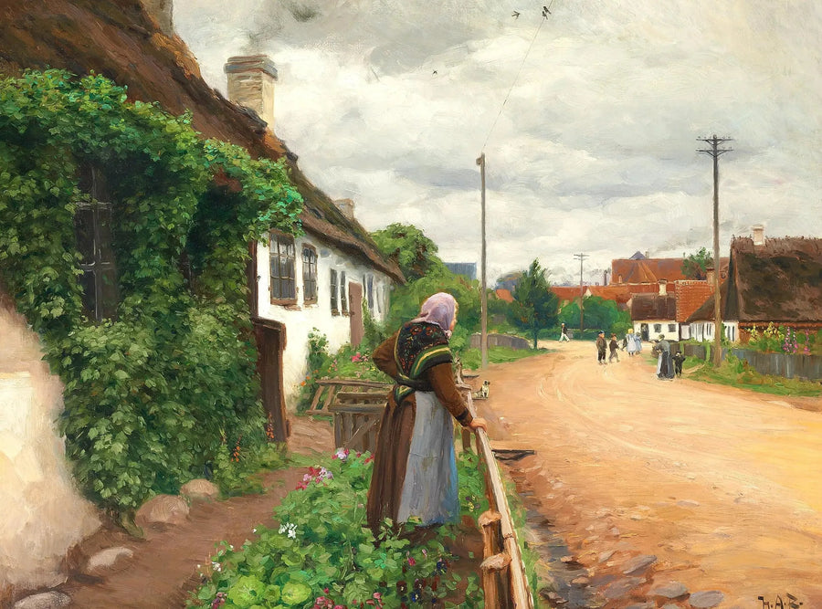 Yaşlı bir kadın, çocuklar köyde oynarken izliyor. - H. A. Brendekilde
