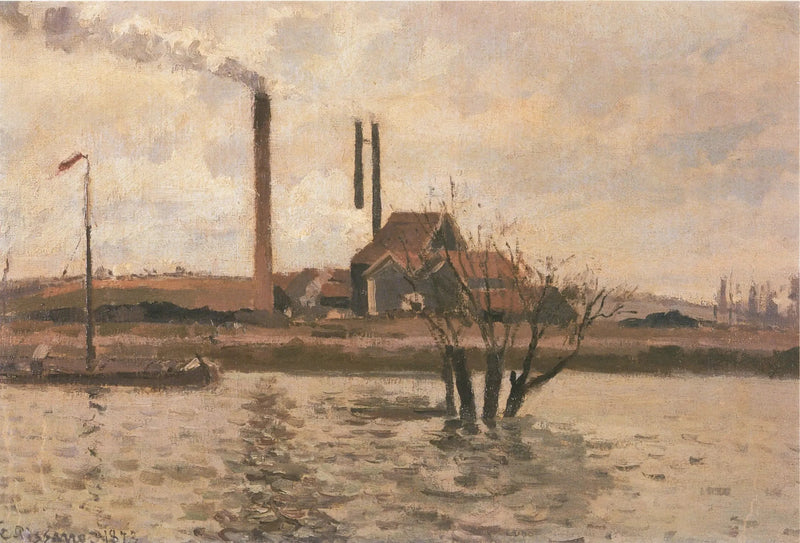 Saint-Ouen-l'Aumône'daki Fabrika, Oise Nehri'nin Taşkını - Camille Pissarro