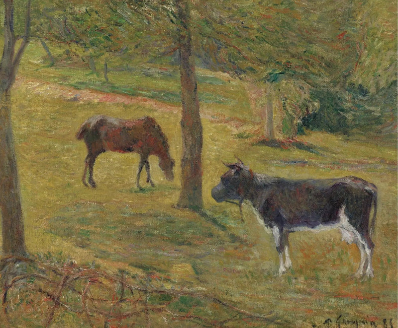 Bir çayırda inek ve at - Paul Gauguin