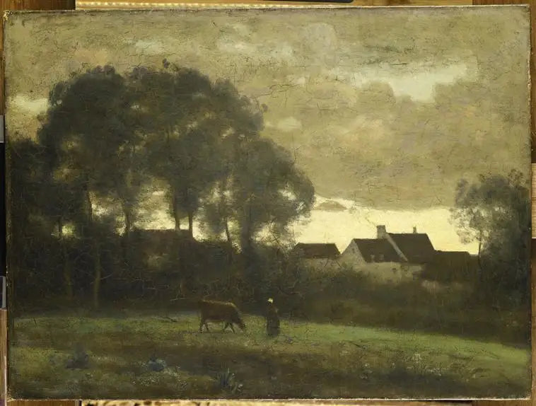 Vachère güneş batarken bir tarlada - Jean-Baptiste Camille Corot