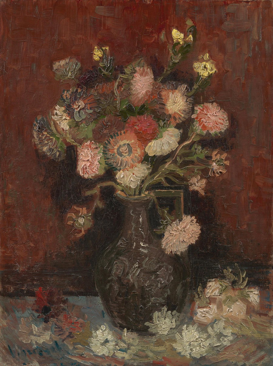 Çin yıldız çiçekleri ve kılıç çiçekleri ile vazo - Vincent van Gogh