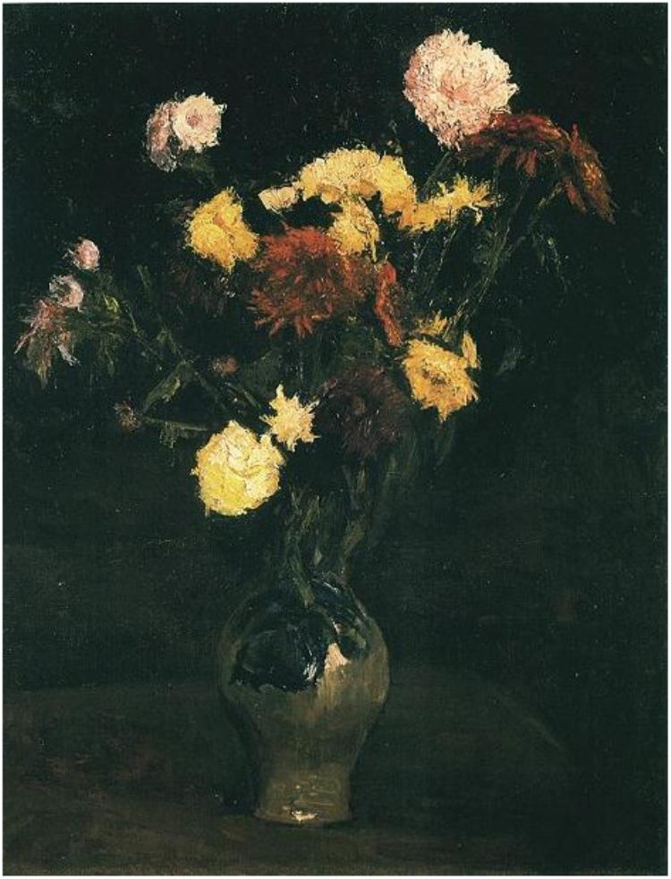 Reproduction du tableau « Vase avec œillets et zinnias - Vincent van Gogh » par Alpha Reproduction en peinture à l’huile