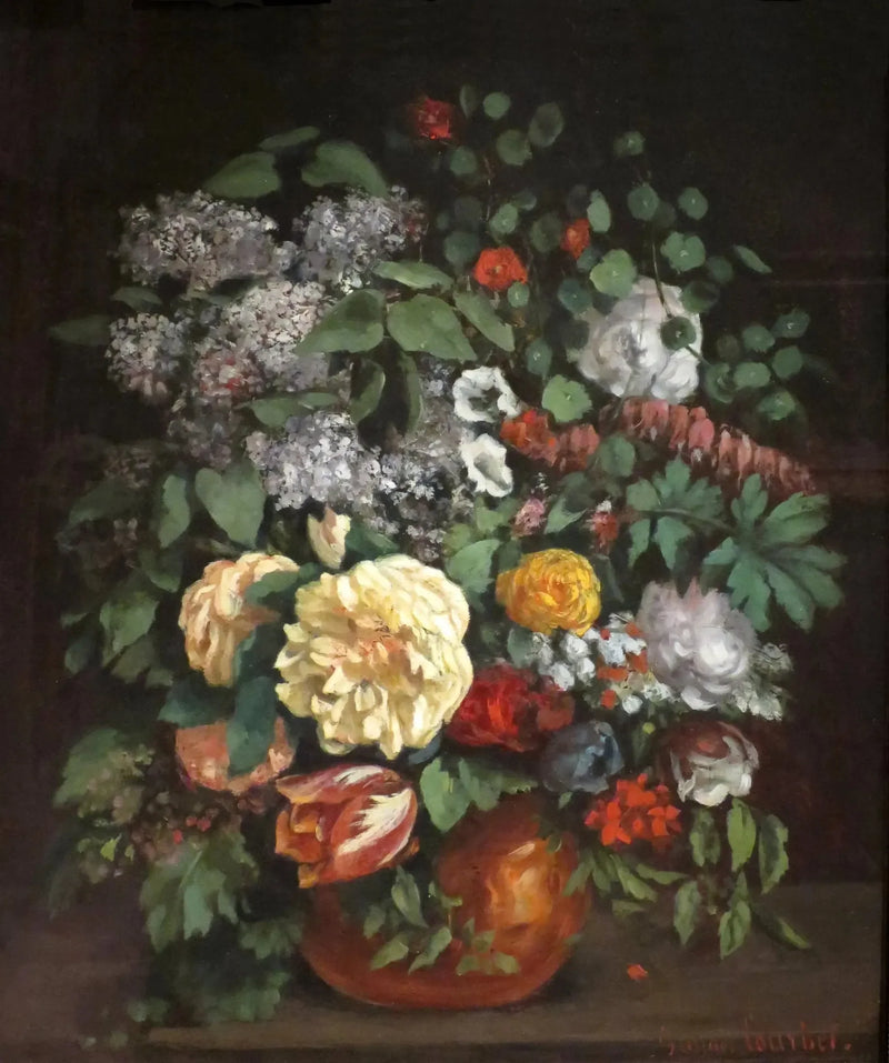 Mürdüm, gül ve lale vazosu - Gustave Courbet