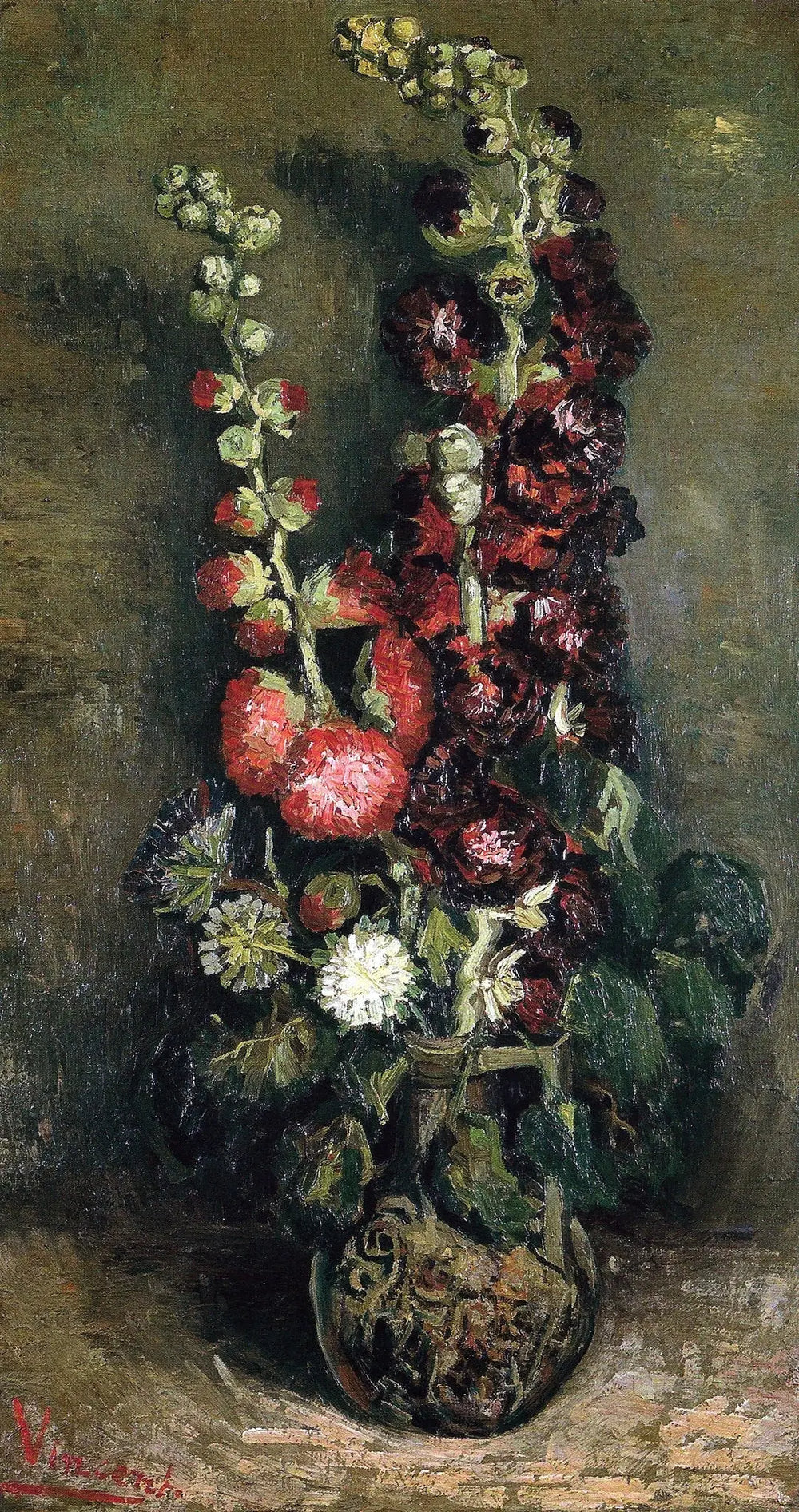 Reproduction du tableau « Vase de roses trémières - Vincent van Gogh » par Alpha Reproduction en peinture à l’huile