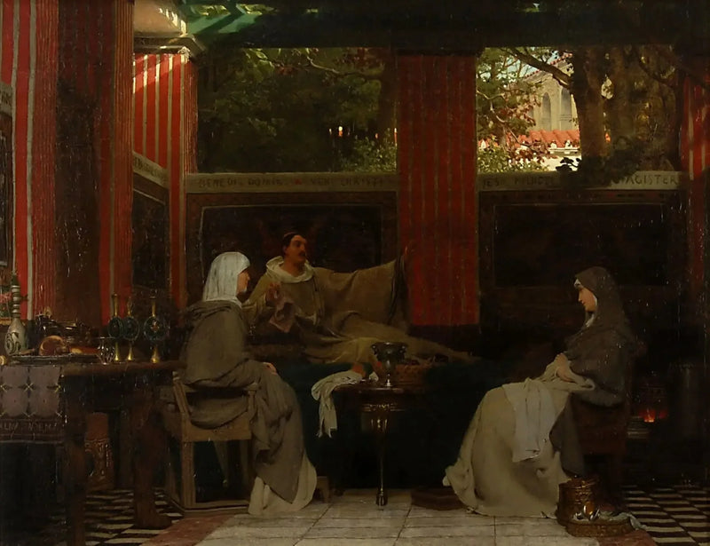 Venantius Fortunatus, Radagonda VI ve Poitiers Manastırı'nın ablasına dizelerini okuyor - Lawrence Alma-Tadema