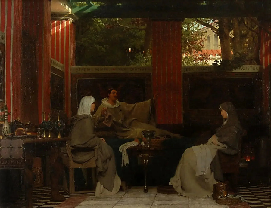 Venantius Fortunatus, Radagonda VI ve Poitiers Manastırı'nın ablasına dizelerini okuyor - Lawrence Alma-Tadema