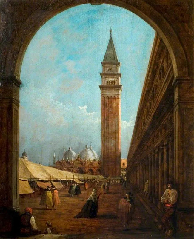 Venice: Güneybatı ucundaki bir kemerden görülen Saint-Marc Meydanı'nda bir fuar - Francesco Guardi