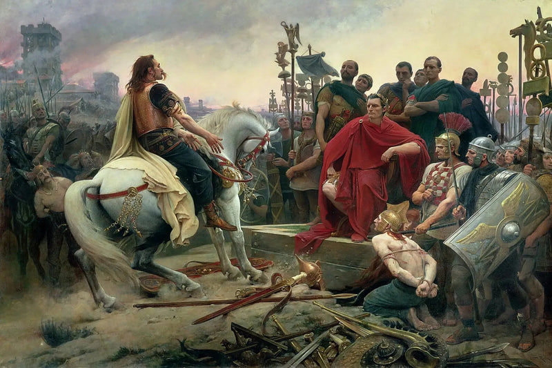 Vercingetorix silahlarını Jules César'in ayaklarına atıyor - Lionel Royer