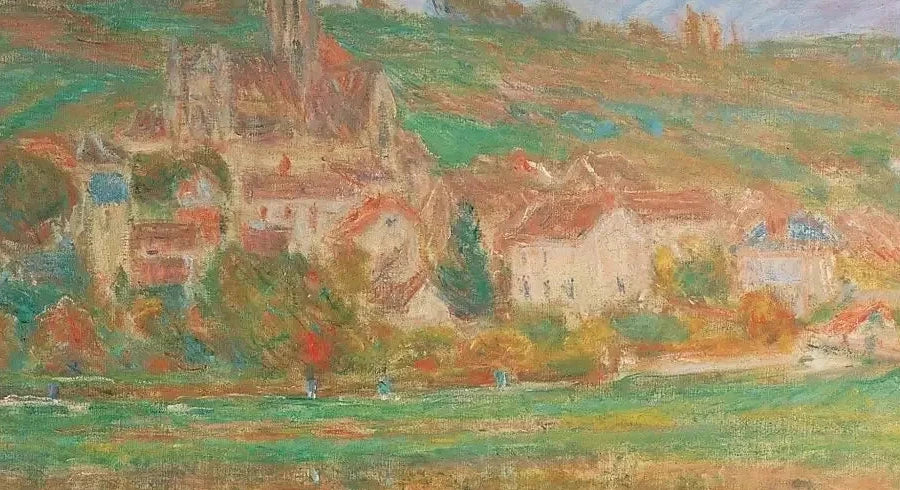 Détail du village, de l’église et de la colline verte dans Vétheuil de Claude Monet