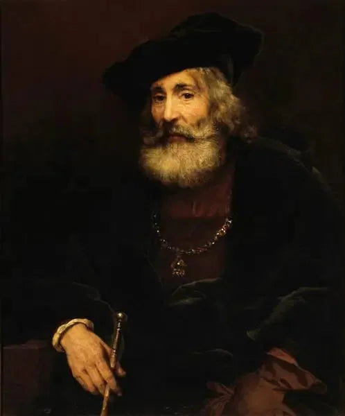 Şatafatlı bir kostüm giymiş, bir bastonla oturan yaşlı adam - Rembrandt