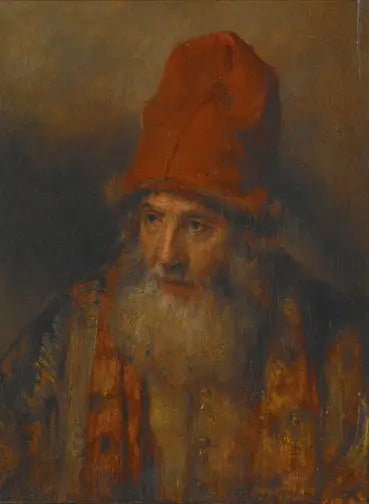 Kürklü büyük bir şapka takan yaşlı adam - Rembrandt