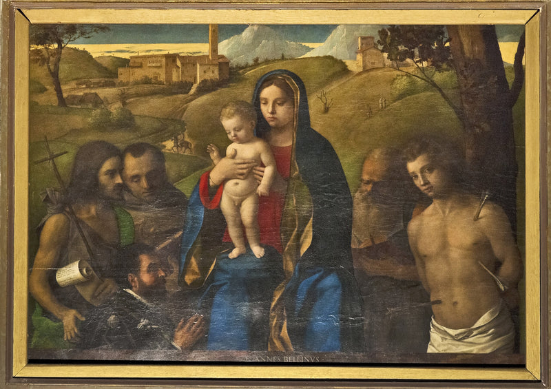 İsa Çocuk ve Dört Aziz (Vaftizci Yahya, Francis, Jerome ve Sebastian (soldan sağa)) ve Bağışçı - Giovanni Bellini