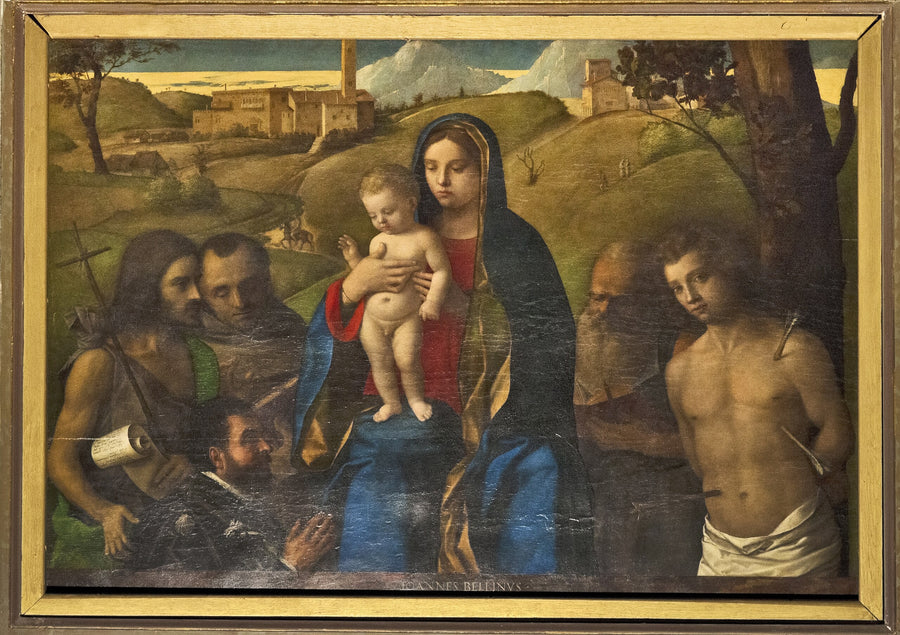 İsa Çocuk ve Dört Aziz (Vaftizci Yahya, Francis, Jerome ve Sebastian (soldan sağa)) ve Bağışçı - Giovanni Bellini