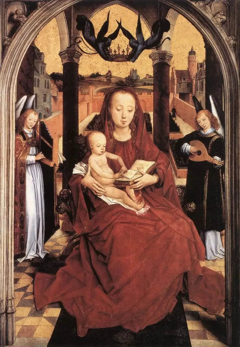 İsa Çocuk ve Tahtta İki Müzisyen Meleğin Figürü - Hans Memling