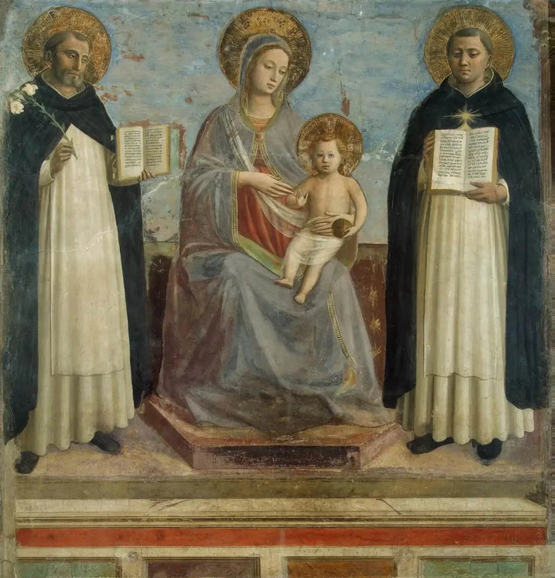 Fra Angelico arasında Aziz Dominik ve Aziz Thomas Aquinas ile Meryem Ana ve Çocuk