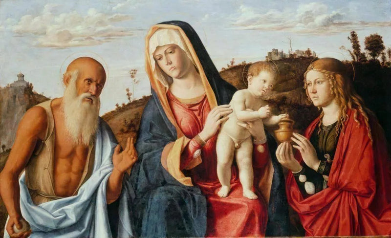 Cimpa da Conegliano'dan Meryem Ana ve Çocuk İsa, Aziz Jerome ve Meryem Magdalene arasında