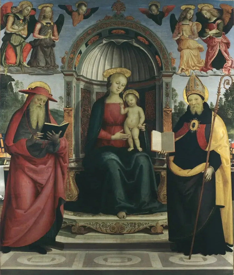 İsa Çocuk ve Meryem Ana Tahtta, Aziz Jerome, Aziz Augustinus, dört melek ve iki seraph arasında - Pietro Perugino