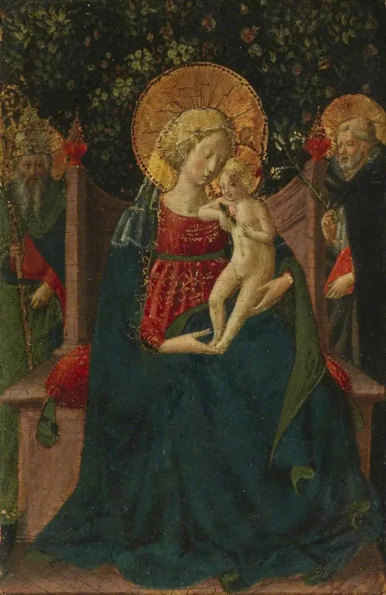 İsa Çocukluğuyla Tahtta Oturan, Aziz Dominik ve Bir Papalık Azizi Arasında (Eskiden Domenico di Michelino'ya Atfedilmiştir) - Benozzo Gozzoli